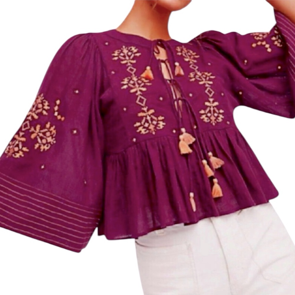 Free People Women’s Embroidered Tassels Plum Peplum Bell Sleeve Cotton Top sz L